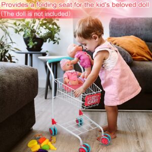 deAO Kids Shopping Cart Trolley with Sturdy Metal Frame for Toddlers 46 PCS Food Fruit Vegetables Pretend Play Food Role Play,Educational Toy Play Kitchen Toys for Boys Girls Kids