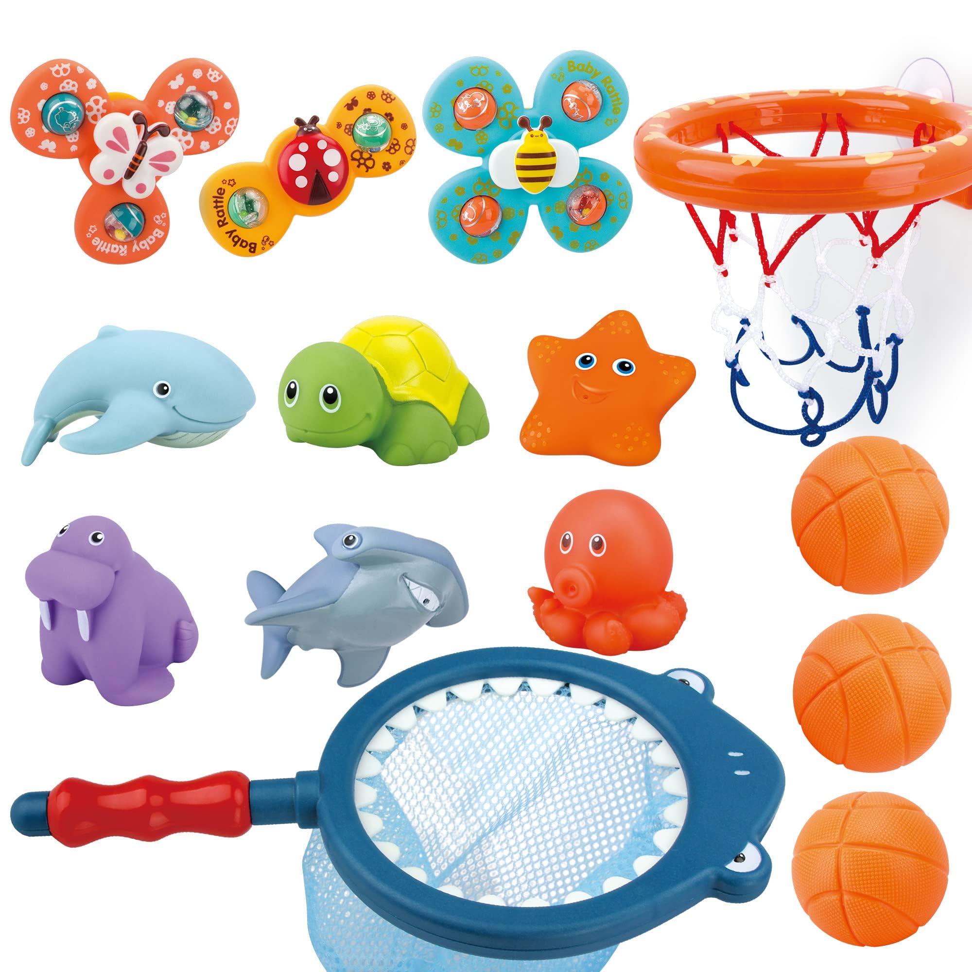 Bath Toys Playset, Fun Basketball Hoop & Balls, Bathtub Pool Shooting Game & Fishing Game, Sensory Suction Cup Spinner Spinning Top Baby Toy, for Little Boys Girls Kids Toddlers