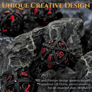 Metal DND Dice Set - Unique Round Hollow Orb Design for Better Rolling - Beautiful Dragon Metal Dice Set for Role Playing Games (RPG) - Stunning D&D Dungeons and Dragons Dice Set (Black Red)