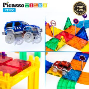 PicassoTiles 50 Piece Race Car Track + Ideabook with Over 150+ Ideas, Magnet DIY Playset 2 Light Up Car STEM Learning Kit Hand-Eye Coordination Fine Motor Skill Training, Unique Innovative Creations