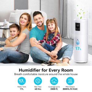 Humidifiers for Large Room Home Bedroom 2000 sq.ft. 17L/4.5Gal Large Humidifier with Extension Tube & 4 Speed Mist,Top Fill Wholehouse Humidifier with 360°Nozzle for Plant Office Commercial Greenhouse