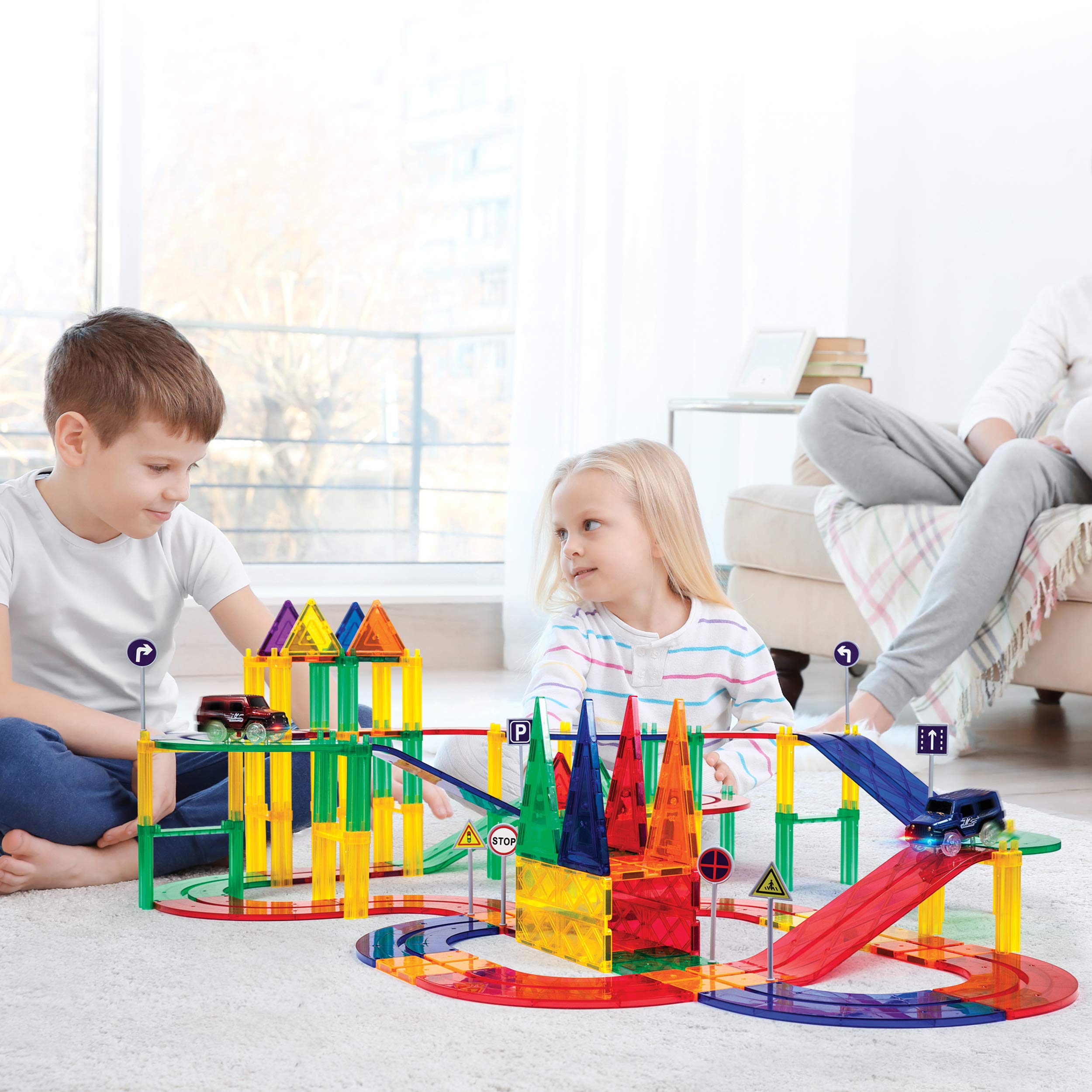 PicassoTiles 80 Piece Race Car Track + Ideabook with Over 150+ Ideas, Magnet DIY Playset 2 Light Up Car STEM Learning Kit Hand-Eye Coordination Fine Motor Skill Training, Unique Innovative Creations