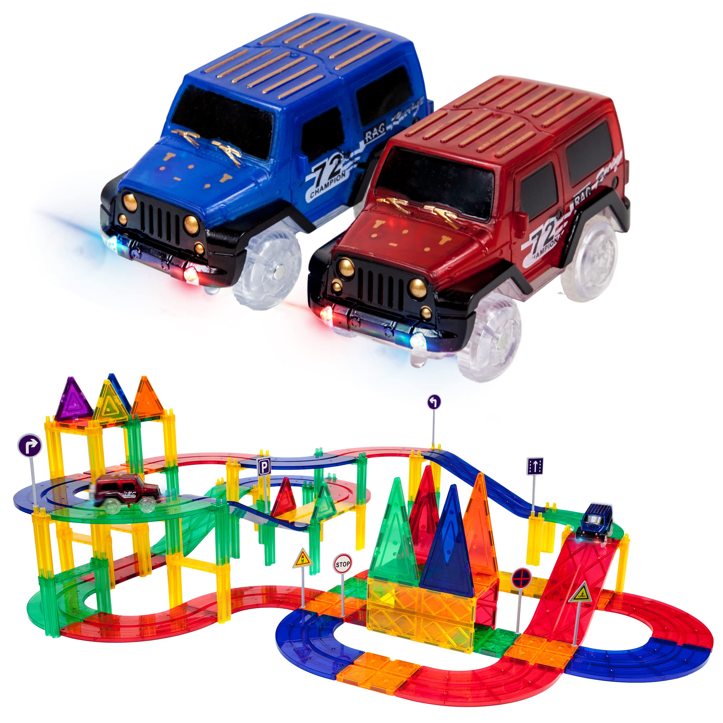 PicassoTiles 80 Piece Race Car Track + Ideabook with Over 150+ Ideas, Magnet DIY Playset 2 Light Up Car STEM Learning Kit Hand-Eye Coordination Fine Motor Skill Training, Unique Innovative Creations