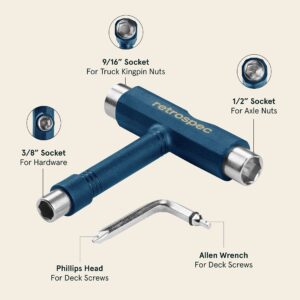 Retrospec Upkeep All-in-One Multi-Function Portable Skate Tool with 2-in-1 Allen Wrench & Phillips Head Screwdriver for Adjusting & Tightening Skateboard/Longboard Wheels, Trucks, and Kingpins, Navy