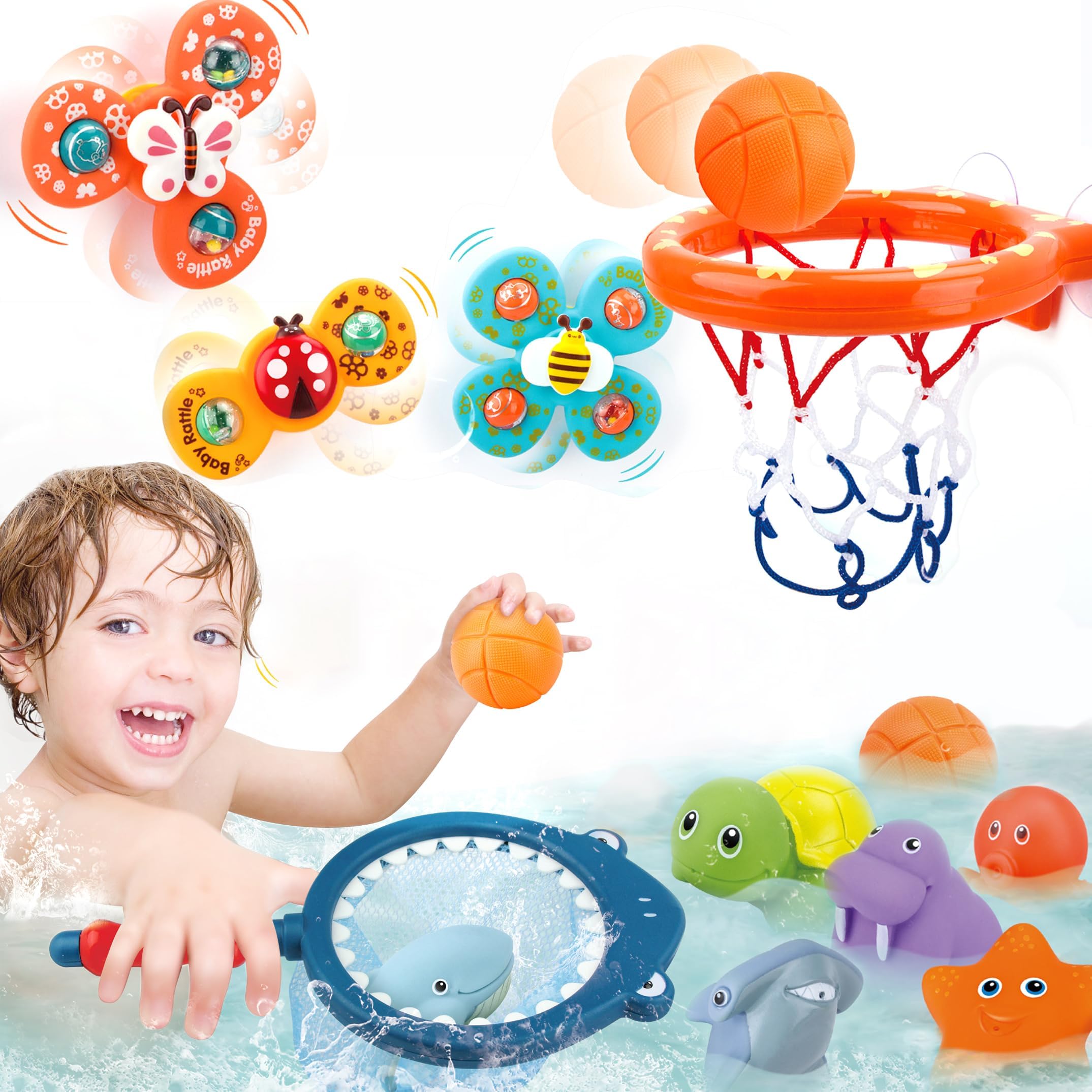 Bath Toys Playset, Fun Basketball Hoop & Balls, Bathtub Pool Shooting Game & Fishing Game, Sensory Suction Cup Spinner Spinning Top Baby Toy, for Little Boys Girls Kids Toddlers