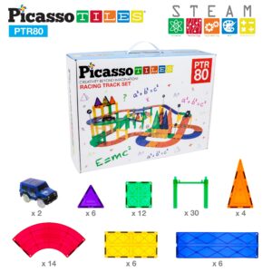 PicassoTiles 80 Piece Race Car Track + Ideabook with Over 150+ Ideas, Magnet DIY Playset 2 Light Up Car STEM Learning Kit Hand-Eye Coordination Fine Motor Skill Training, Unique Innovative Creations