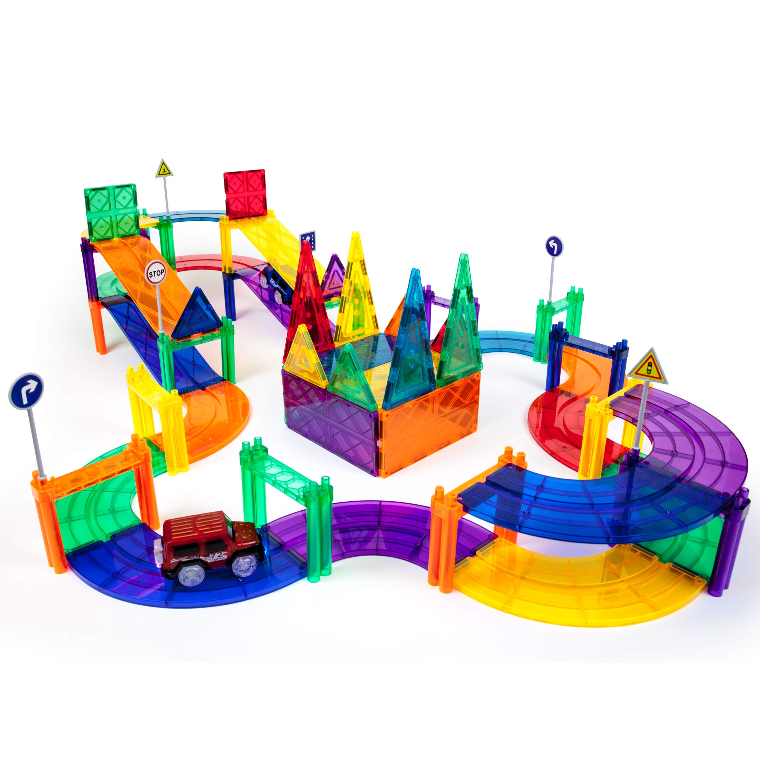 PicassoTiles 80 Piece Race Car Track + Ideabook with Over 150+ Ideas, Magnet DIY Playset 2 Light Up Car STEM Learning Kit Hand-Eye Coordination Fine Motor Skill Training, Unique Innovative Creations