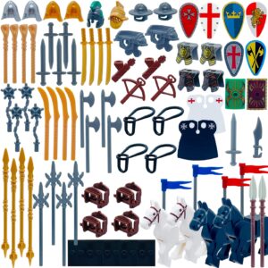 SAIBURAZ Medieval Knight Weapons Pack Accessories Set with 4 War Horse Building Block Toy Armor Helmet Shield Bow Arrow Pike Designed for Mini Figures Gift for Kids Boys Girls Building Kits