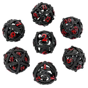 Metal DND Dice Set - Unique Round Hollow Orb Design for Better Rolling - Beautiful Dragon Metal Dice Set for Role Playing Games (RPG) - Stunning D&D Dungeons and Dragons Dice Set (Black Red)