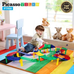 PicassoTiles 50 Piece Race Car Track + Ideabook with Over 150+ Ideas, Magnet DIY Playset 2 Light Up Car STEM Learning Kit Hand-Eye Coordination Fine Motor Skill Training, Unique Innovative Creations