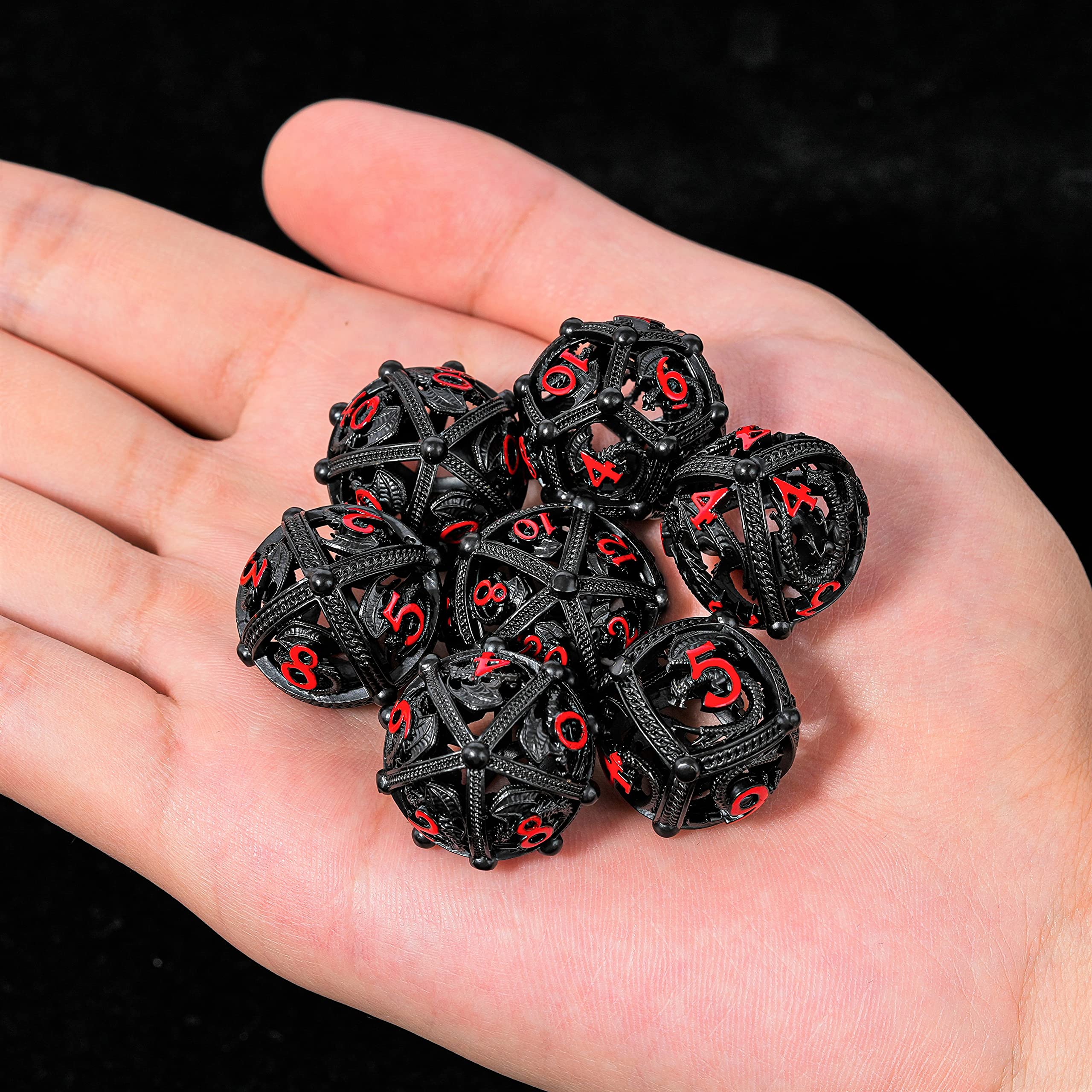 Metal DND Dice Set - Unique Round Hollow Orb Design for Better Rolling - Beautiful Dragon Metal Dice Set for Role Playing Games (RPG) - Stunning D&D Dungeons and Dragons Dice Set (Black Red)