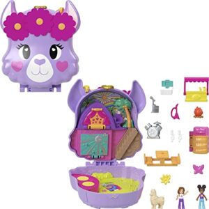 polly pocket compact playset, llama camp adventure with 2 micro dolls & 13 accessories, travel toy with surprise reveals