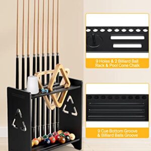 EXTCCT Pool Stick Holder Floor Stand- Billiards Pool Cue Rack Oak Solid Wooden Holds 9 Cues and Pool Table Accessories Organizer with Chalk Cone Holder for Game Room Club or Men Cave