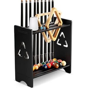 extcct pool stick holder floor stand- billiards pool cue rack oak solid wooden holds 9 cues and pool table accessories organizer with chalk cone holder for game room club or men cave