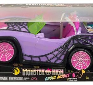 Monster High Toy Car, Ghoul Mobile with Pet & Cooler Accessories, Purple Doll-Sized Convertible with Spiderweb Details