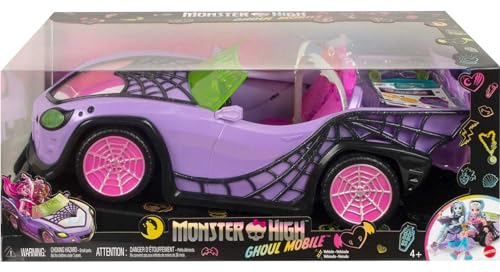 Monster High Toy Car, Ghoul Mobile with Pet & Cooler Accessories, Purple Doll-Sized Convertible with Spiderweb Details