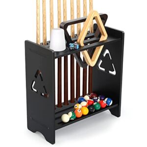 EXTCCT Pool Stick Holder Floor Stand- Billiards Pool Cue Rack Oak Solid Wooden Holds 9 Cues and Pool Table Accessories Organizer with Chalk Cone Holder for Game Room Club or Men Cave