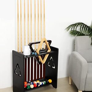 EXTCCT Pool Stick Holder Floor Stand- Billiards Pool Cue Rack Oak Solid Wooden Holds 9 Cues and Pool Table Accessories Organizer with Chalk Cone Holder for Game Room Club or Men Cave