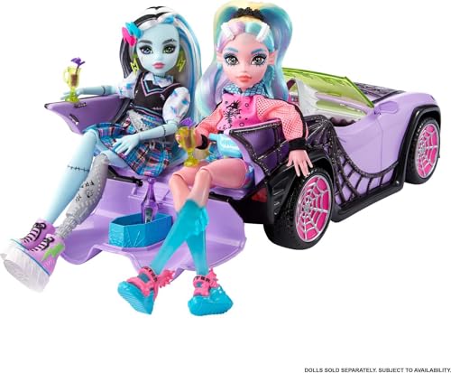 Monster High Toy Car, Ghoul Mobile with Pet & Cooler Accessories, Purple Doll-Sized Convertible with Spiderweb Details