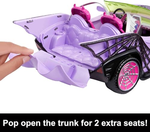 Monster High Toy Car, Ghoul Mobile with Pet & Cooler Accessories, Purple Doll-Sized Convertible with Spiderweb Details