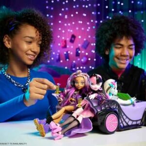 Monster High Toy Car, Ghoul Mobile with Pet & Cooler Accessories, Purple Doll-Sized Convertible with Spiderweb Details