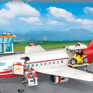 General Jim's White and Red Passenger Airplane 720 Piece Modular Building Block Bricks Toy Playset with Control Tower, Service Vehicle, and Motorcycle for Teens and Adults