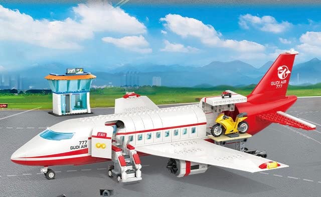 General Jim's White and Red Passenger Airplane 720 Piece Modular Building Block Bricks Toy Playset with Control Tower, Service Vehicle, and Motorcycle for Teens and Adults