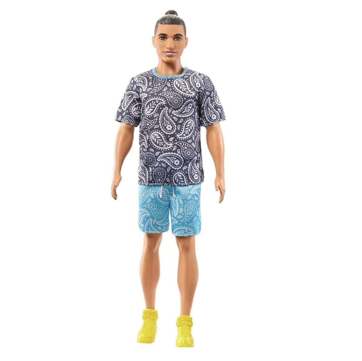 Barbie Fashionistas Ken Fashion Doll #204 with Brown Hair in Man Bun Wearing Paisley Tee & Shorts with Yellow Sneakers