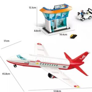 General Jim's White and Red Passenger Airplane 720 Piece Modular Building Block Bricks Toy Playset with Control Tower, Service Vehicle, and Motorcycle for Teens and Adults