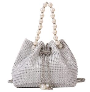 mini crossbody shoulder evening bag shinny bling clutch purse bucket pearl strap handbag for women (white)