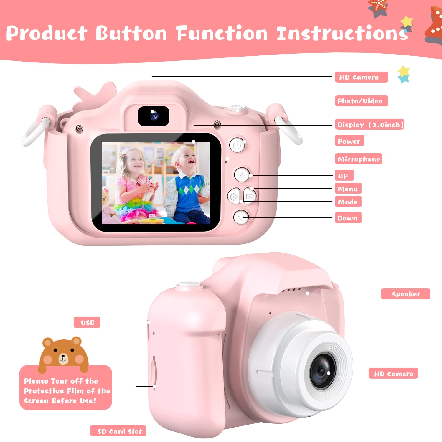 Dwfit Upgrade Selfie Kids Camera, Christmas Birthday Gifts for Boys Girls Age 3-12, HD Kids Digital Video Cameras for Toddler with Cartoon Soft Silicone Cover, Portable Toy for 3 4 5 6 7 8 Years Old