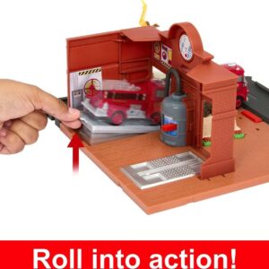 Mattel Disney and Pixar Cars On The Road Toys, Red’s Fire Station Playset with Die-cast Fire Truck & Kid-Activated Action