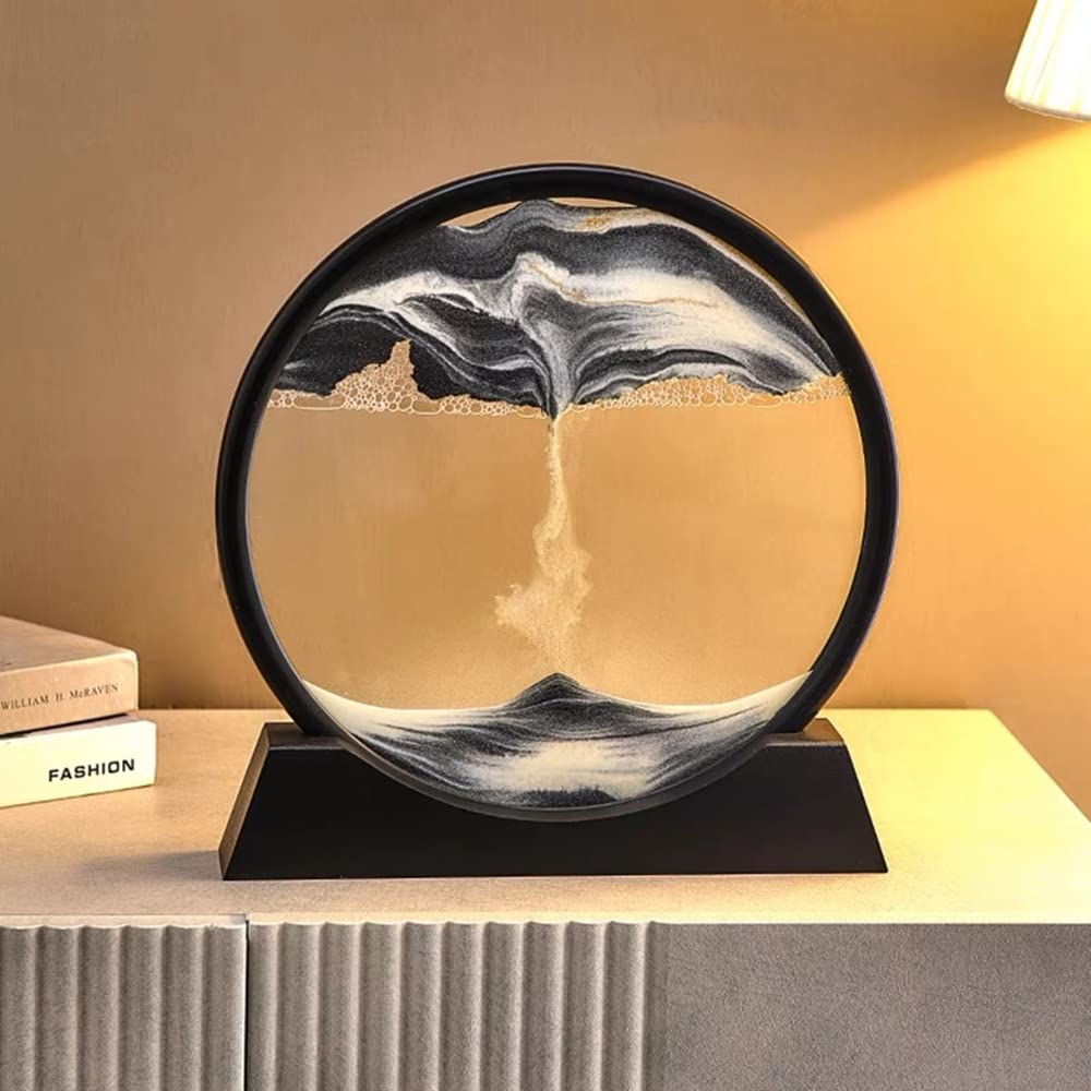 ANXUS Moving Sand Art Picture in Motion Round Glass 3D Deep Sea Sandscape Display Flowing Sand Frame, Sensory Relaxing Desktop Home Office Work Desk Decor (7",Black)