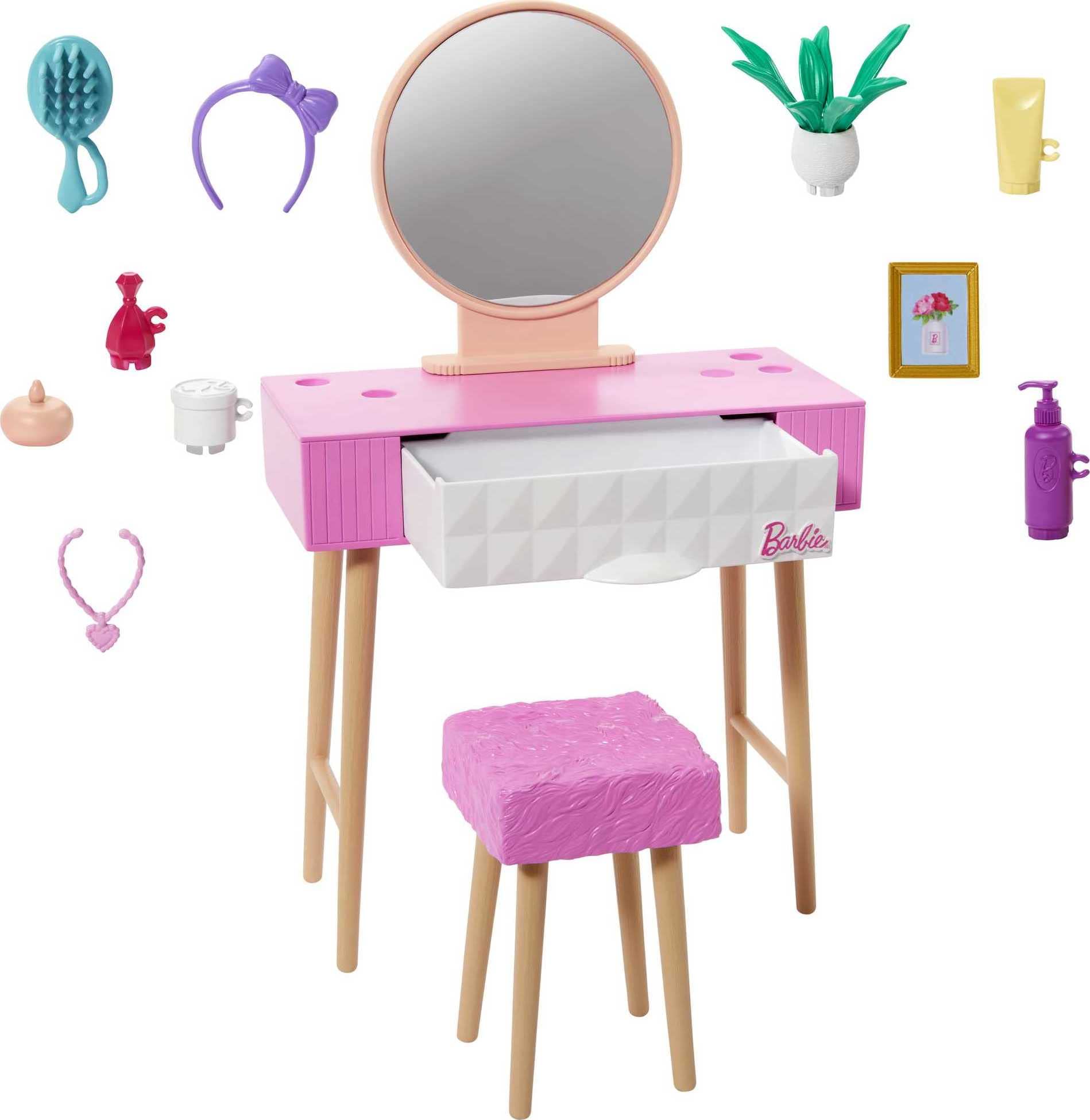 Barbie Furniture & Accessories Set, Doll House Décor, 10+ Pieces for Vanity Including Stand with Mirror, Stool, Beauty Products & More