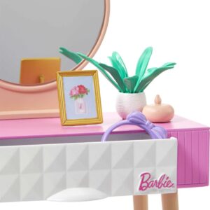 Barbie Furniture & Accessories Set, Doll House Décor, 10+ Pieces for Vanity Including Stand with Mirror, Stool, Beauty Products & More