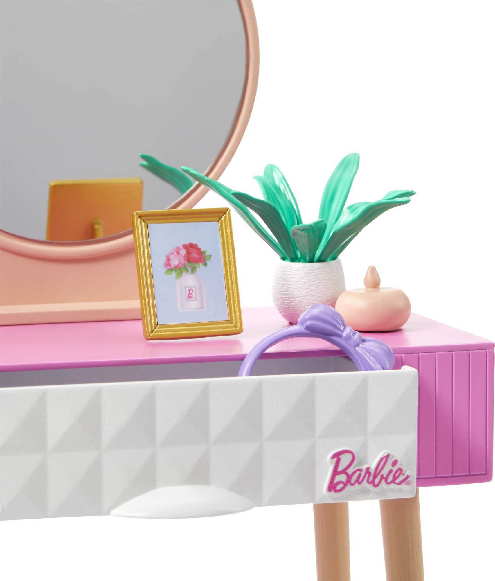 Barbie Furniture & Accessories Set, Doll House Décor, 10+ Pieces for Vanity Including Stand with Mirror, Stool, Beauty Products & More