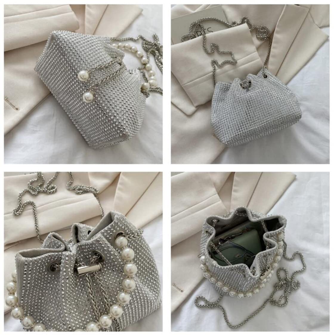 Mini Crossbody Shoulder Evening Bag Shinny Bling Clutch Purse Bucket Pearl Strap Handbag for Women (White)