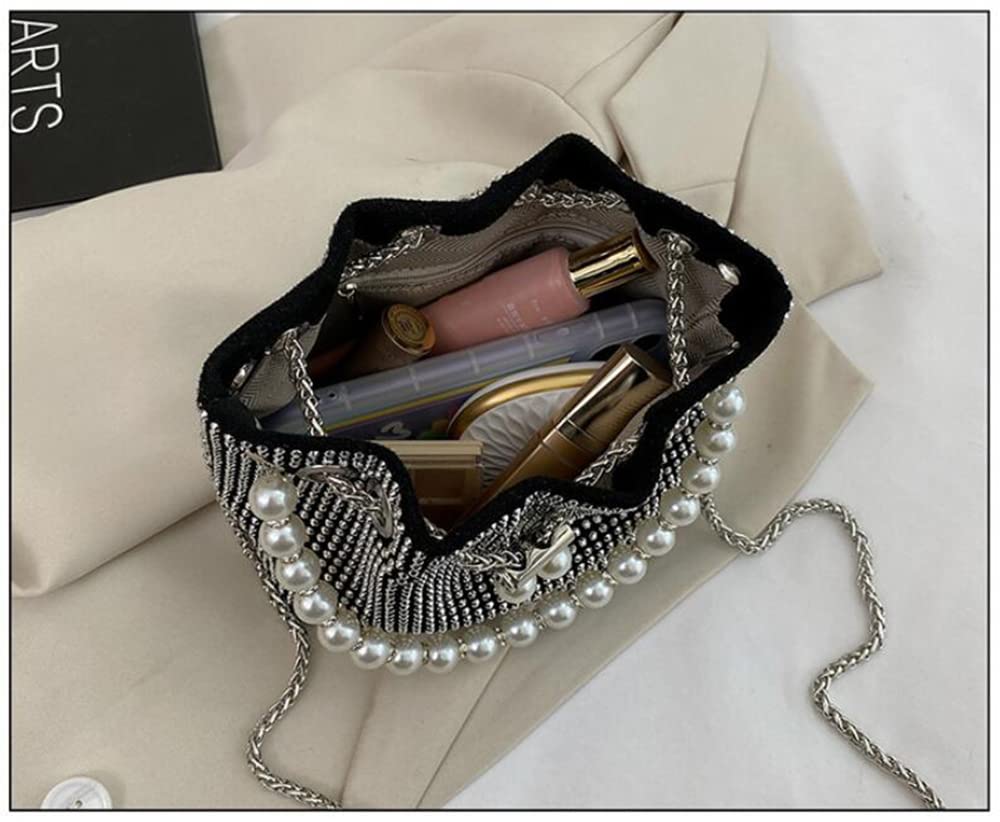 Mini Crossbody Shoulder Evening Bag Shinny Bling Clutch Purse Bucket Pearl Strap Handbag for Women (White)