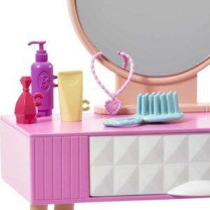 Barbie Furniture & Accessories Set, Doll House Décor, 10+ Pieces for Vanity Including Stand with Mirror, Stool, Beauty Products & More