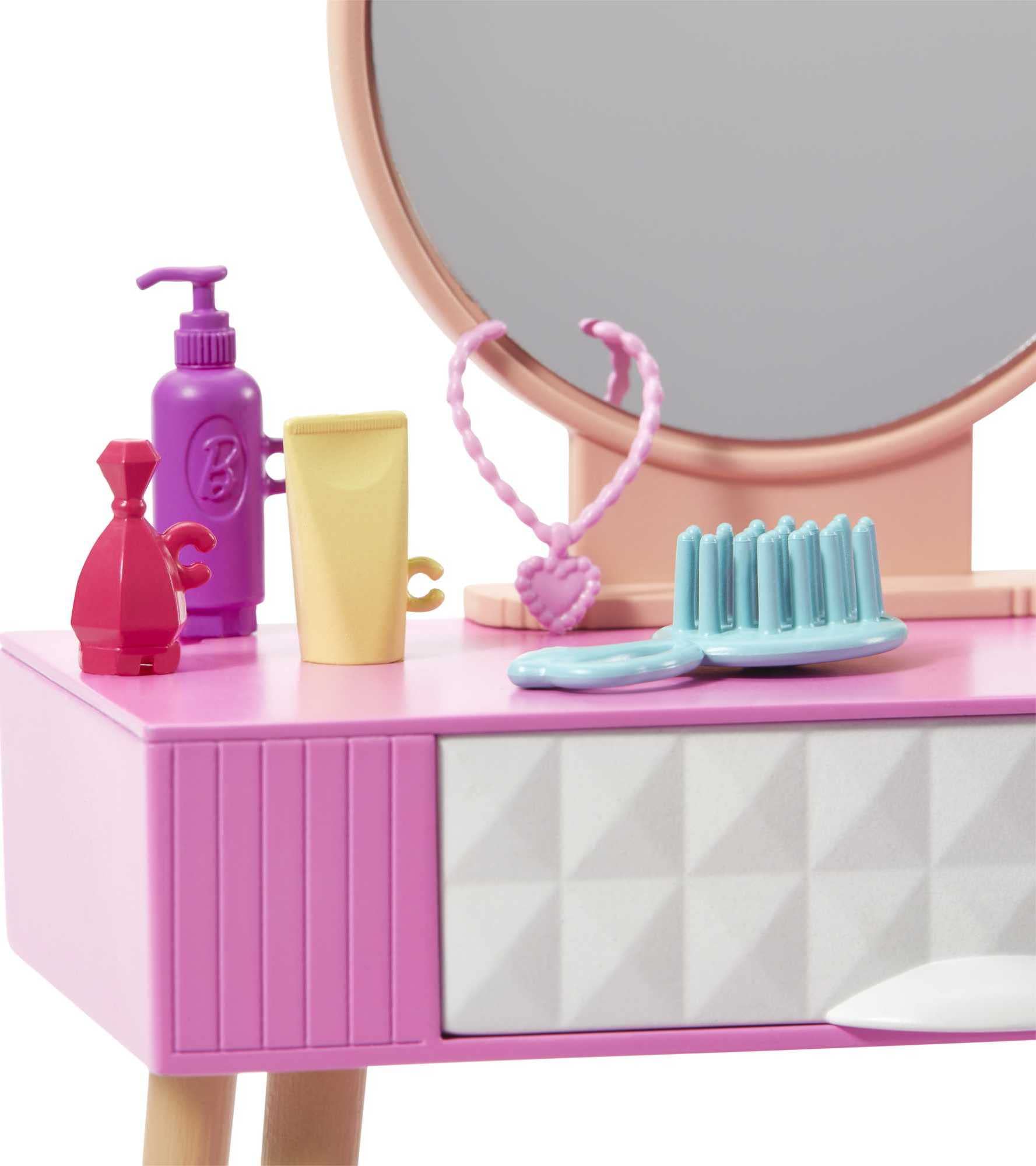 Barbie Furniture & Accessories Set, Doll House Décor, 10+ Pieces for Vanity Including Stand with Mirror, Stool, Beauty Products & More