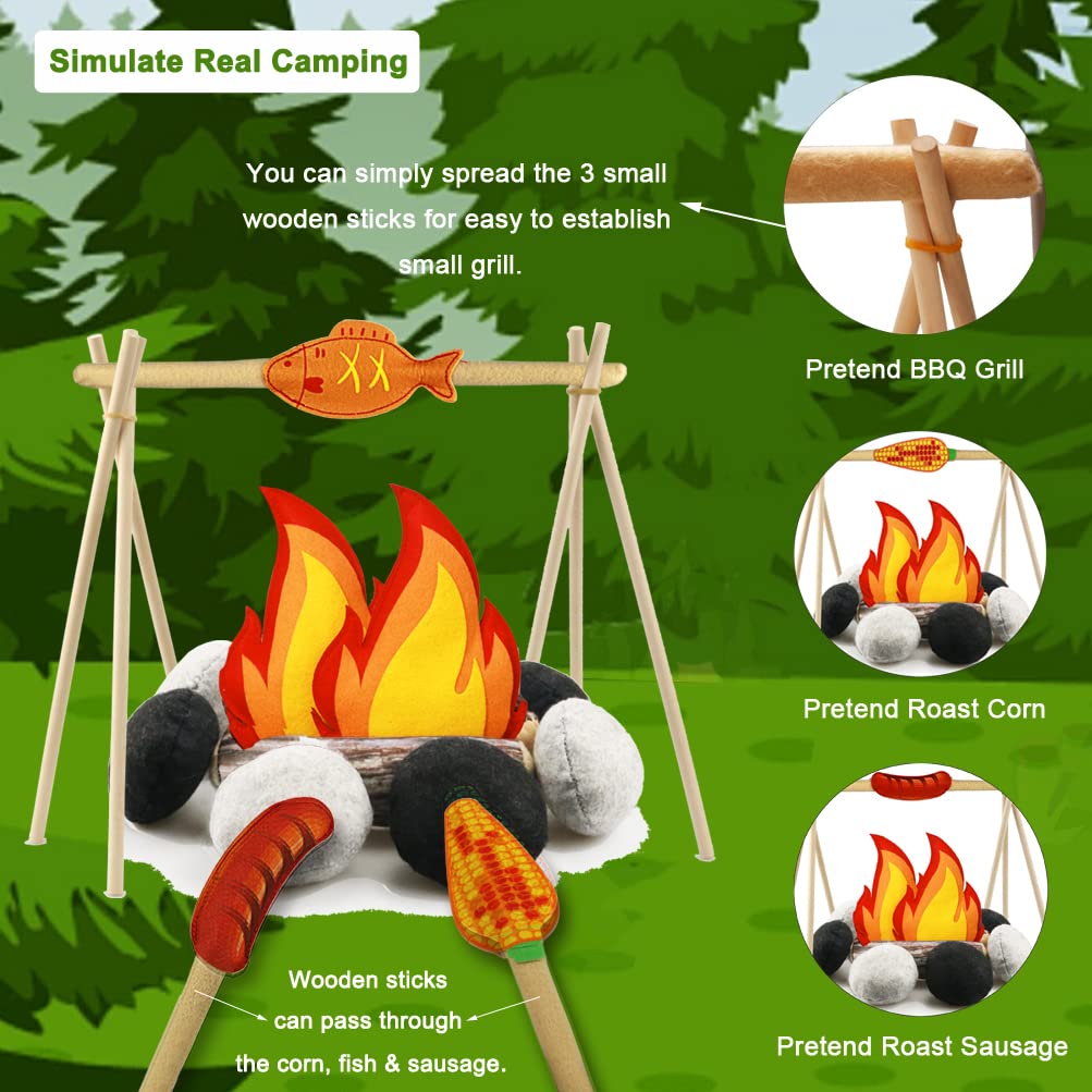 45 PCS Pretend Play Campfire Toy for Kids, Toddler Camping Toys Play Set Felt Campfire Playset with Pretend Cutting Fruits, Plush Fake Fire for Boys Girls Age 3 4 5 6 7