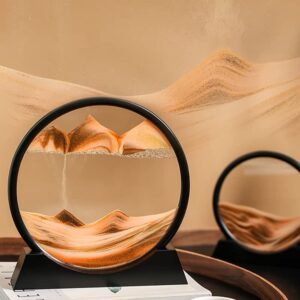 ANXUS Moving Sand Art Picture in Motion Round Glass 3D Deep Sea Sandscape Display Flowing Sand Frame, Sensory Relaxing Desktop Home Office Work Desk Decor (7", Orange)