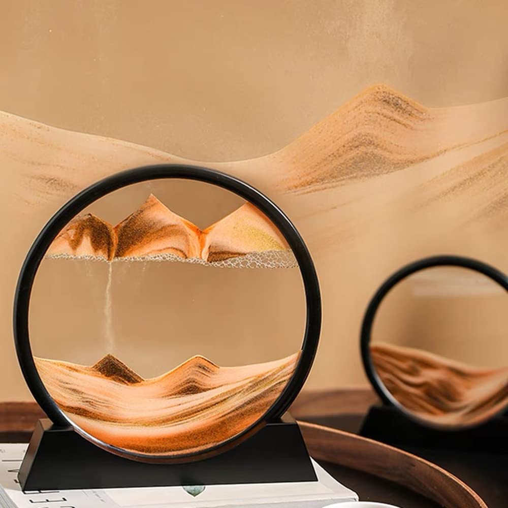 ANXUS Moving Sand Art Picture in Motion Round Glass 3D Deep Sea Sandscape Display Flowing Sand Frame, Sensory Relaxing Desktop Home Office Work Desk Decor (7", Orange)