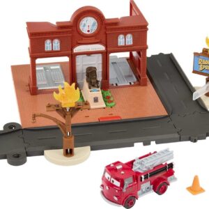 Mattel Disney and Pixar Cars On The Road Toys, Red’s Fire Station Playset with Die-cast Fire Truck & Kid-Activated Action