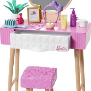 Barbie Furniture & Accessories Set, Doll House Décor, 10+ Pieces for Vanity Including Stand with Mirror, Stool, Beauty Products & More