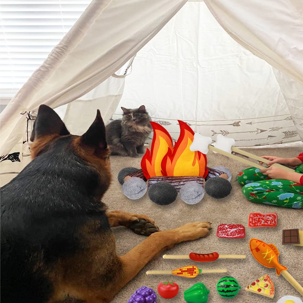 45 PCS Pretend Play Campfire Toy for Kids, Toddler Camping Toys Play Set Felt Campfire Playset with Pretend Cutting Fruits, Plush Fake Fire for Boys Girls Age 3 4 5 6 7