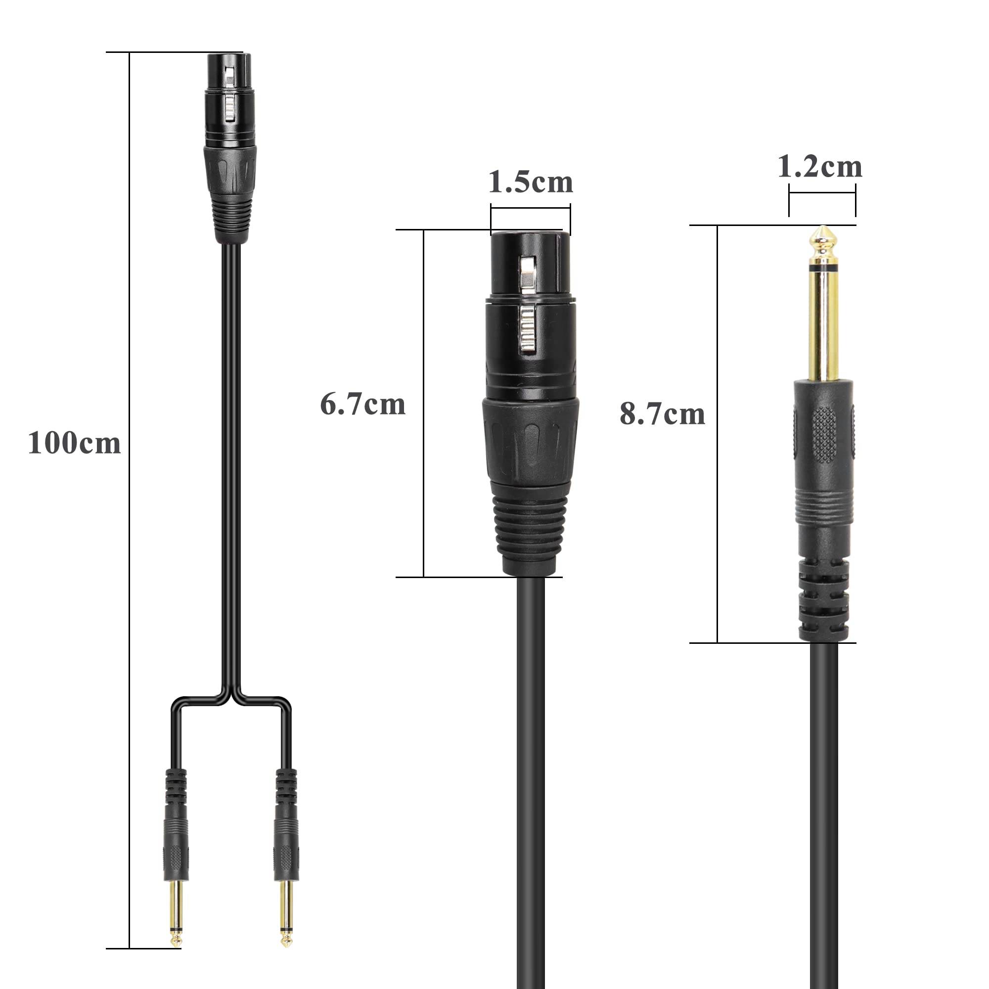 QIANRENON XLR Female to Dual TS 1/4 Stereo Splitter Cable 3-Pin XLR to Dual 6.35mm Mono Y Splitter Conversion Extension Audio Cable,for Microphone Guitars Amplifier Mixer,1m/3.2ft