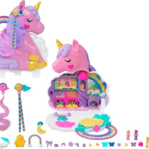 Polly Pocket 2-in-1 Travel Toy, Rainbow Unicorn Salon Styling Head with 2 Micro Dolls & 20+ Accessories