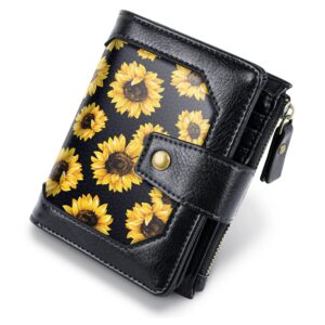 simikol small wallet for women leather bifold rfid blocking zipper pocket id window womens card holder case,sunflower