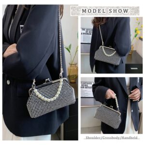 SUKUTU Women Luxury Full Rhinestone Shoulder Bag Noble Kiss Lock Crystal Messenger Bag Clutch Handbag with Pearl Beaded Chain